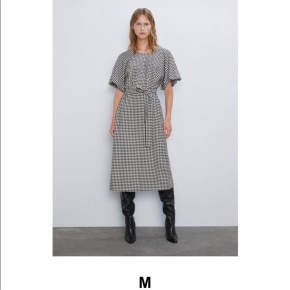 Zara Women Houndstooth Midi Dress Black White Balloon Sleeves Size M - Picture 10 of 16